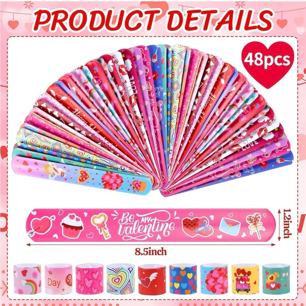 48 Pcs Valentines Day Slap Bracelets Wristbands Classroom Gift Kids Party Favors